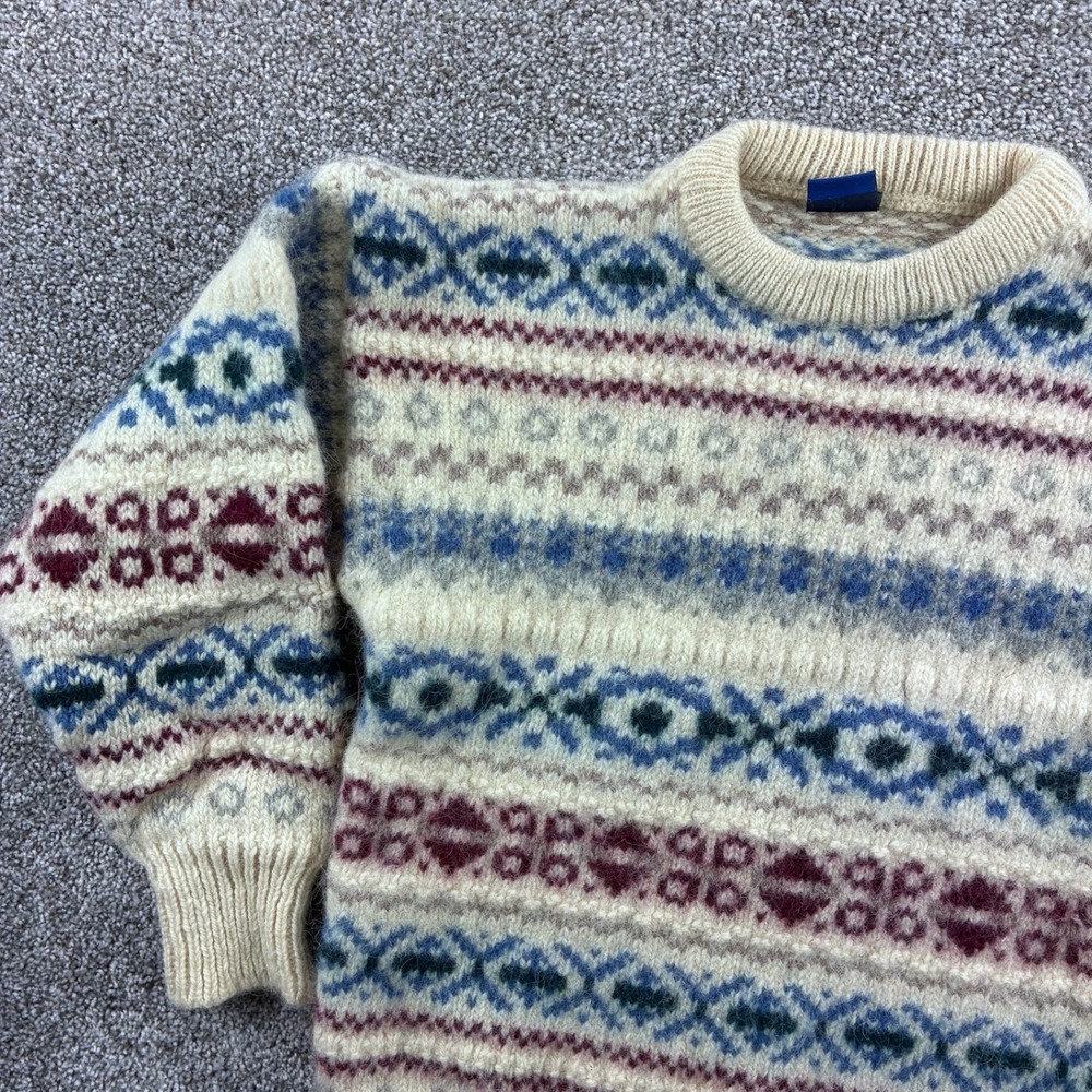 Vintage Woodward Sweater Mens XS Cream Blue Fair Isle Knit Wool Blend SHRUNK - Picture 2 of 5